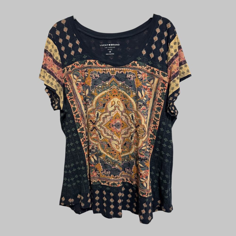 Lucky Brand Women's Navy Short Sleeve Tunic Top Bohemian Hippie Indie Size 1X - Picture 2 of 10